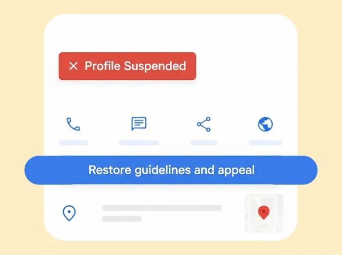 Google Business Profile suspended status screen showing restore guidelines and appeal option